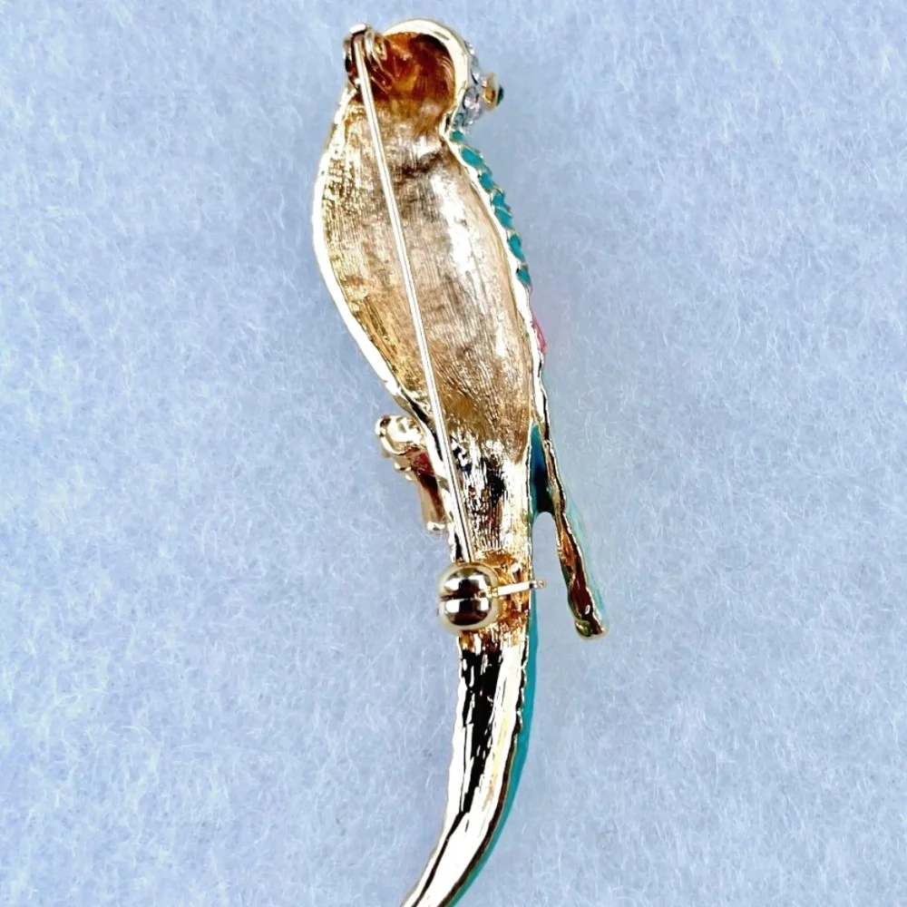 Gold tone blue and pink Parrot Brooch - Picture 2 of 2